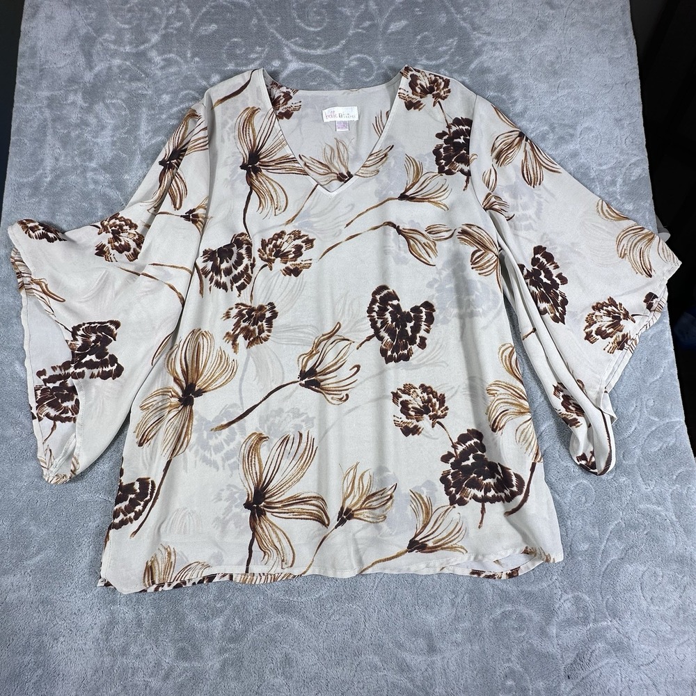 Belle Kim Gravel Top Small Floral Bell Sleeve Blouse Lined Chiffon V-neck Boho - Picture 3 of 11